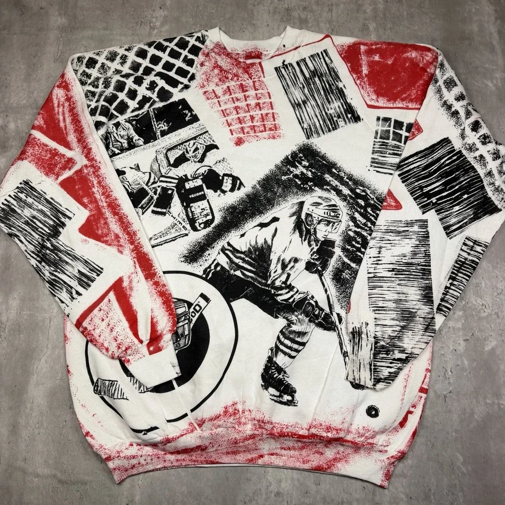 Vintage 80s 90s All Over Print Hockey NHL Sweatshirt Size XL AOP Made In USA